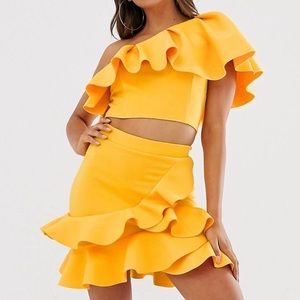 Laced in Love ruffle scuba mini skirt and top